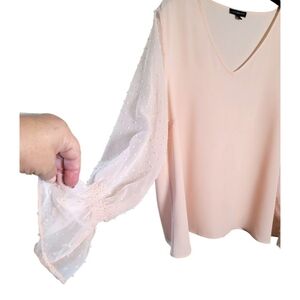 Lane Bryant Light Peach Blouse with Sheer Swiss Dot Sleeves Size 20